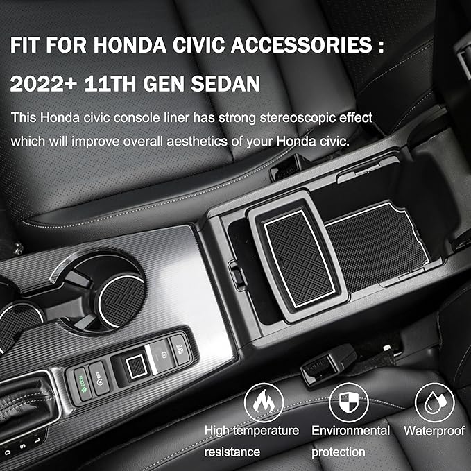 SENSHINE for Honda Civic Accessories 2022 2023 2024 2025 2026 11th Gen Sedan Cup Holder Insert Center Console Liner Door Slot Mats Pad Coaster Rubber Custom Interior 17PC (White Trim, Glow in Dark)