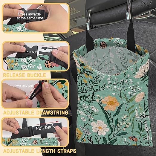 Vintage Botanical Floral Car Trash Bag,Peony Flowers Hanging Drawstring Car Garbage Bag,Canvas Car Back Seat Organizer with Adjustable Buckle for Men and Women