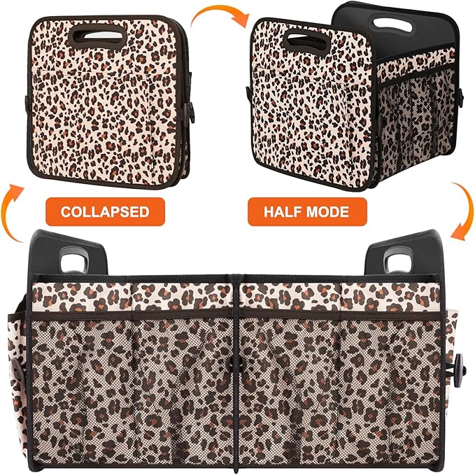 Trunk Organizer, Collapsible Trunk Organizers and Storage, Car Accessories for Women and Men, Multi-Compartment Trunk Storage Organizer for SUV, Car, Mini-Van, Leopard Print