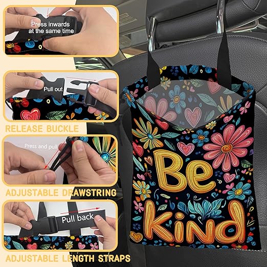 Be Kind Car Trash Bag,Watercolor Flowers Strap Drawstring Car Garbage Bags,Car Back Seat Organizer with Adjustable Buckle for Car Accessories