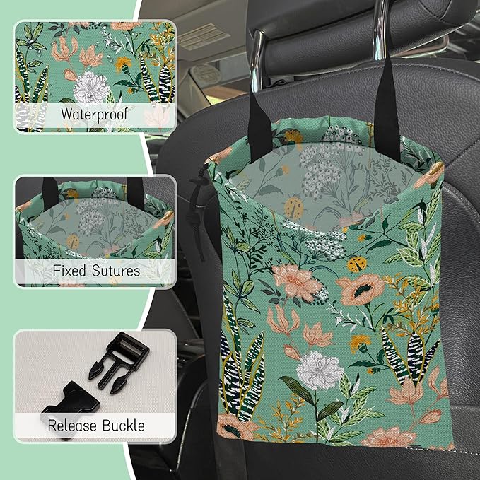 Blooming Flower Car Trash Bag,Garden Floral Hanging Drawstring Car Garbage Bag,Waterproof Canvas Car Back Seat Organizer with Adjustable Buckle,for Vehicles,SUVs,Camping,Road Trips