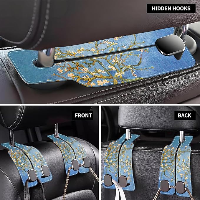 1 Pack Car Seat Headrest Hooks for Purses Abstract Blossoming Almond Tree Bag Purse Holder for Car with Double Metal Hooks Car Purse Hanger Hanging Accessories